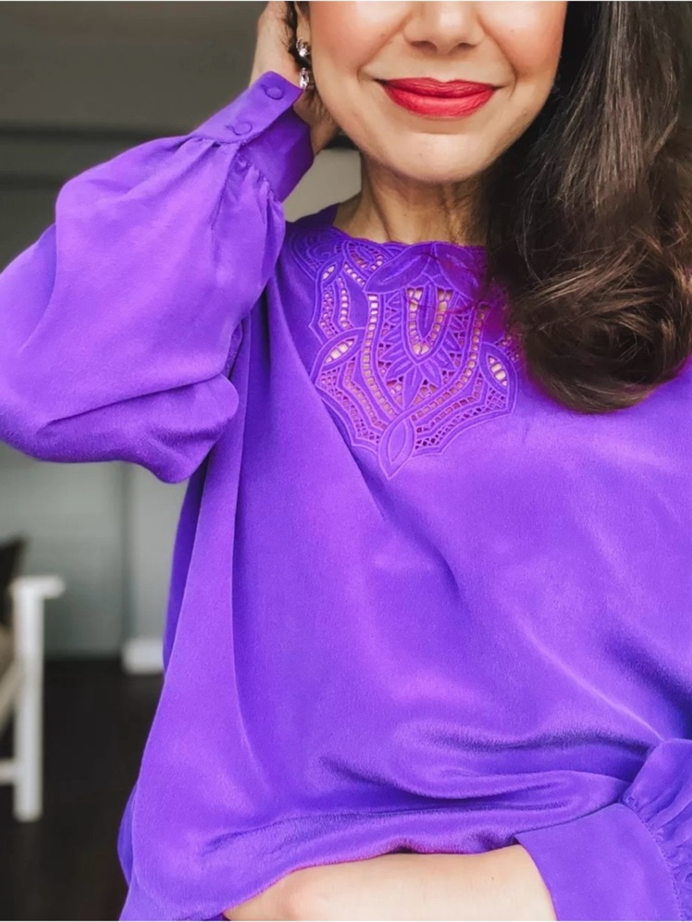 Sézane Carlotta Blouse Violet Foncé Silk Embroidered - Picture 2 of 7